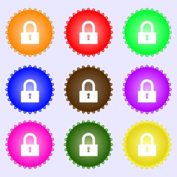 Lock sign icon. Locker symbol. A set of nine different colored labels. illustration