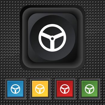 Steering wheel icon sign. symbol Squared colourful buttons on black texture. illustration