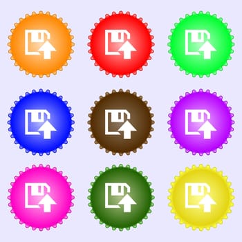 floppy icon. Flat modern design. A set of nine different colored labels. illustration