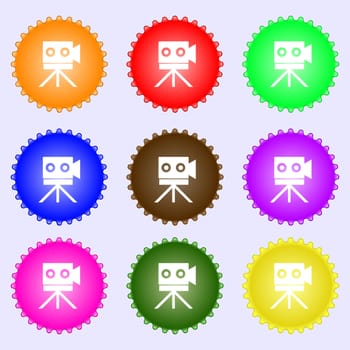 Video camera sign icon.content button. A set of nine different colored labels. illustration