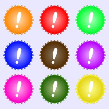 Exclamation mark sign icon. Attention speech bubble symbol. A set of nine different colored labels. illustration