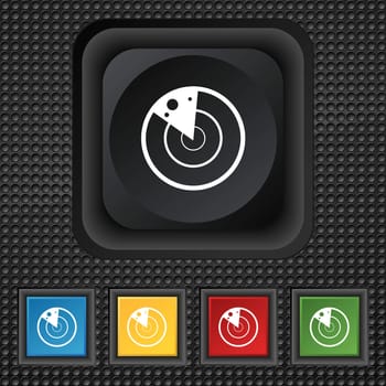 radar icon sign. symbol Squared colourful buttons on black texture. illustration