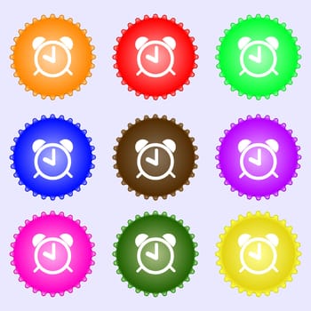 Alarm clock sign icon. Wake up alarm symbol. A set of nine different colored labels. illustration