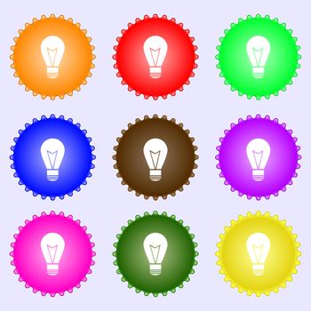 Light lamp sign icon. Idea symbol. Lightis on. A set of nine different colored labels. illustration