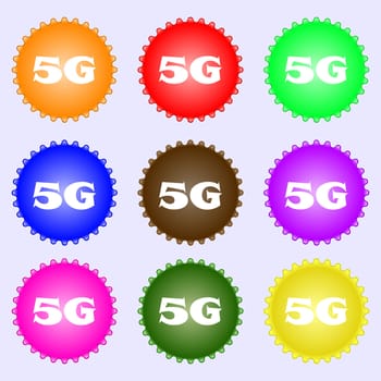 5G sign icon. Mobile telecommunications technology symbol. A set of nine different colored labels. illustration