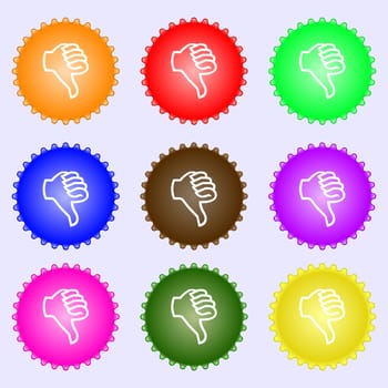 Dislike sign icon. Thumb down sign. Hand finger down symbol. A set of nine different colored labels. illustration