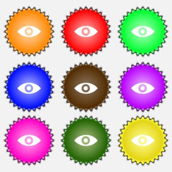 Eye, Publish content, sixth sense, intuition icon sign. A set of nine different colored labels. illustration 