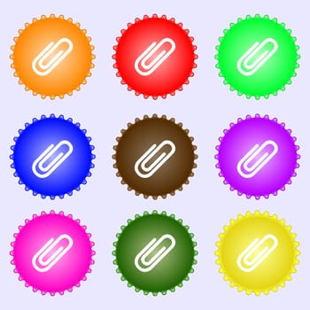 Paper clip sign icon. Clip symbol. A set of nine different colored labels. illustration