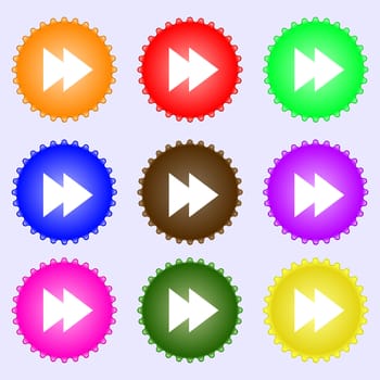 multimedia sign icon. Player navigation symbol. A set of nine different colored labels. illustration