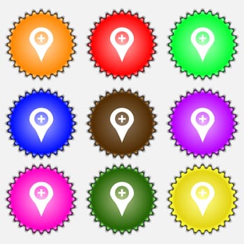Plus Map pointer, GPS location icon sign. A set of nine different colored labels. illustration 