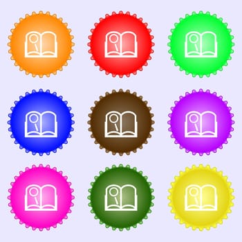 Book sign icon. Open book symbol. A set of nine different colored labels. illustration
