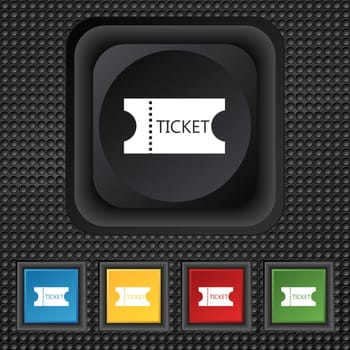 ticket icon sign. symbol Squared colourful buttons on black texture. illustration