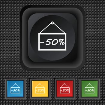 50 discount icon sign. symbol Squared colourful buttons on black texture. illustration
