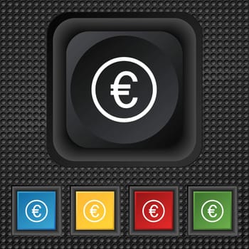 Euro icon sign. symbol Squared colourful buttons on black texture. illustration