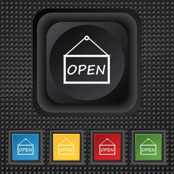 open icon sign. symbol Squared colourful buttons on black texture. illustration