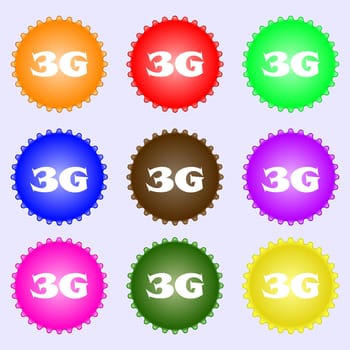 3G sign icon. Mobile telecommunications technology symbol. A set of nine different colored labels. illustration