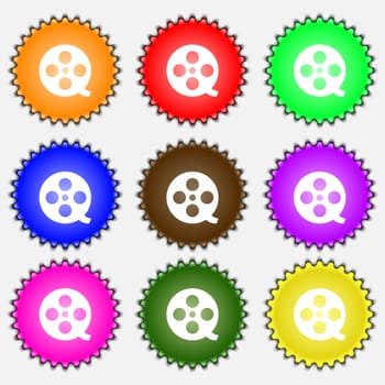 Film icon sign. A set of nine different colored labels. illustration 