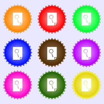 Search in file sign icon. Find in document symbol. A set of nine different colored labels. illustration