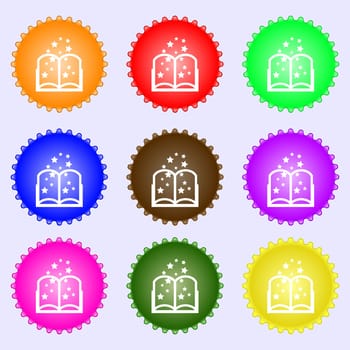 Magic Book sign icon. Open book symbol. A set of nine different colored labels. illustration