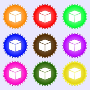 3d cube icon sign. A set of nine different colored labels. illustration