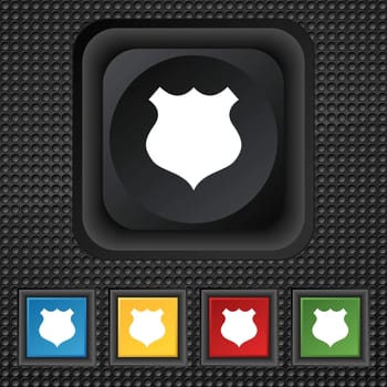 shield icon sign. symbol Squared colourful buttons on black texture. illustration