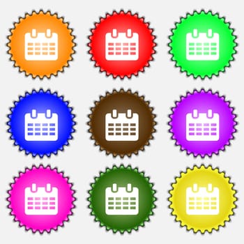  Calendar, Date or event reminder  icon sign. A set of nine different colored labels. illustration 