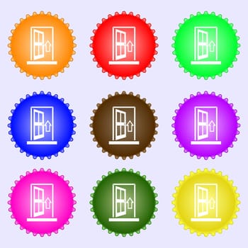 Door, Enter or exit icon sign. A set of nine different colored labels. illustration