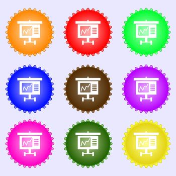 Graph icon sign. A set of nine different colored labels. illustration