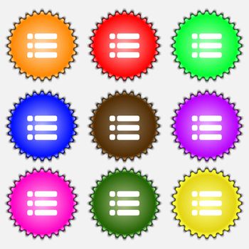 List menu, Content view options icon sign. A set of nine different colored labels. illustration 