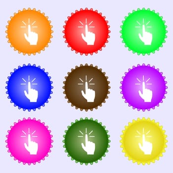 Click here hand icon sign. A set of nine different colored labels. illustration