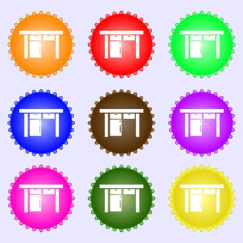 Table icon sign. A set of nine different colored labels. illustration