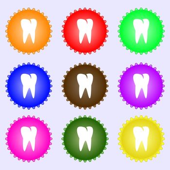 tooth icon. A set of nine different colored labels. illustration