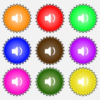 Speaker volume, Sound icon sign. A set of nine different colored labels. illustration 