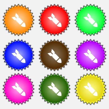 Missile,Rocket weapon icon sign. A set of nine different colored labels. illustration 