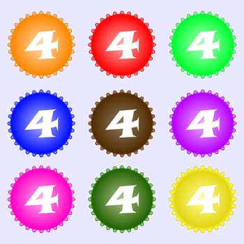 number four icon sign. A set of nine different colored labels. illustration