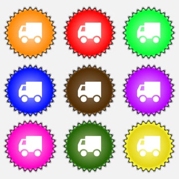 Delivery truck icon sign. A set of nine different colored labels. illustration 