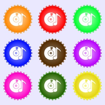 CD or DVD icon sign. A set of nine different colored labels. illustration