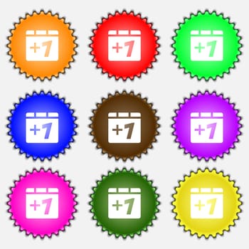 Plus one, Add one icon sign. A set of nine different colored labels. illustration 