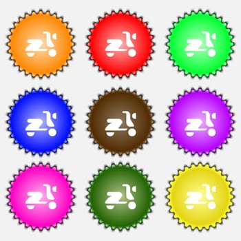 Scooter, bike icon sign. A set of nine different colored labels. illustration 