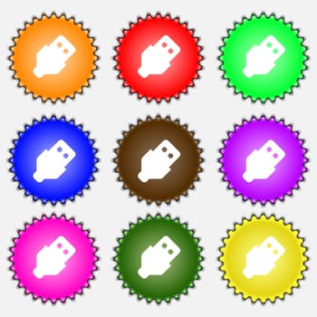 USB icon sign. A set of nine different colored labels. illustration
