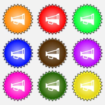 Megaphone soon, Loudspeaker icon sign. A set of nine different colored labels. illustration 