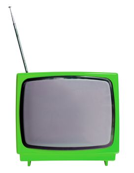 Green light vintage analog television isolated over white background, clipping path.
