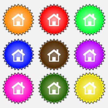 Home, Main page icon sign. A set of nine different colored labels. illustration 