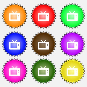 Retro TV mode icon sign. A set of nine different colored labels. illustration 