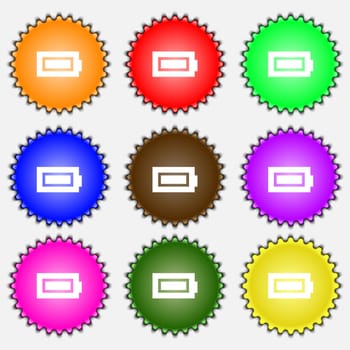 Battery fully charged icon sign. A set of nine different colored labels. illustration 