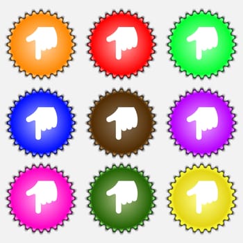 pointing hand icon sign. A set of nine different colored labels. illustration