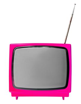 Pink light vintage analog television isolated over white background, clipping path.
