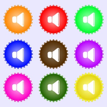 volume, sound icon sign. A set of nine different colored labels. illustration