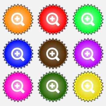 Magnifier glass, Zoom tool icon sign. A set of nine different colored labels. illustration 