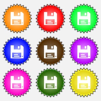 floppy icon sign. A set of nine different colored labels. illustration 